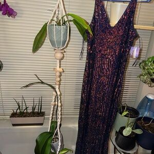 R&M Richards Navy and Gold Sequin Maxi Dress